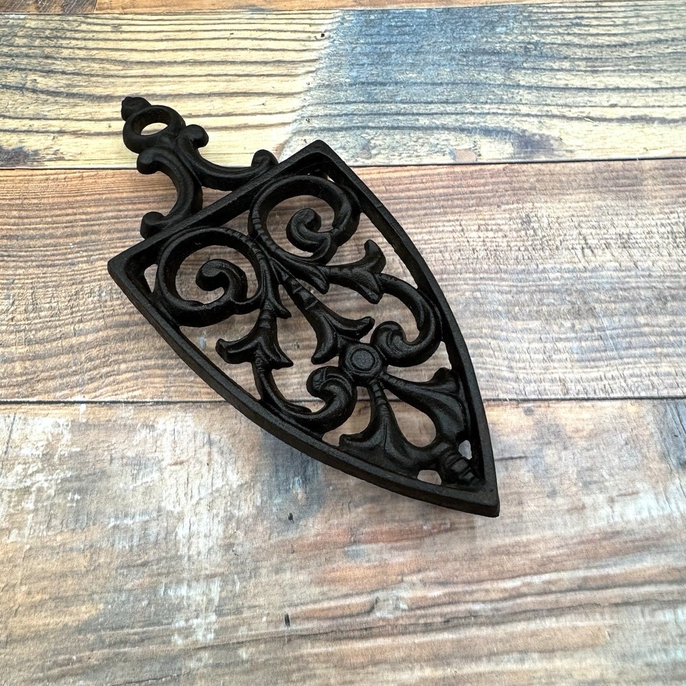 Vintage Cast Iron Trivet JZH 1948 Gothic Fleur De Lis Black  Rustic Primitive